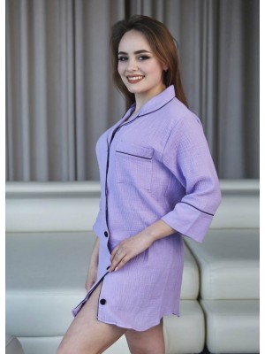Женский муслиновый халат рубашка 100% хлопок 7254-203 Фиолетовый с черным кантом
