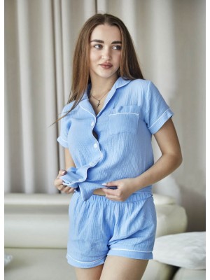 Женская летняя пижама ночная рубашка с шортами муслин хлопок комплект двойка 6341-111 Голубая