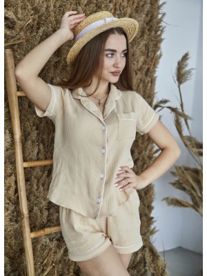 Женская летняя пижама ночная рубашка с шортами муслин хлопок комплект двойка 6344-111 Ваниль