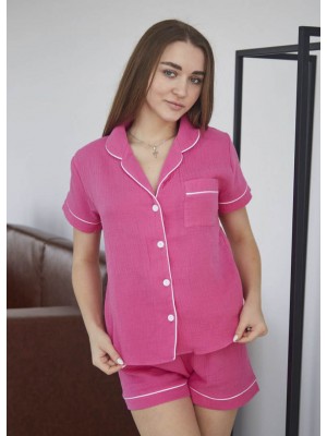 Жіноча літня піжама нічна сорочка з шортами муслін бавовна комплект двійка 6345-111 Фуксія