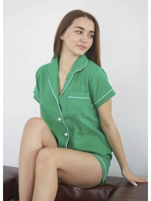 Жіноча літня піжама нічна сорочка з шортами муслін бавовна комплект двійка 6346-111 Зелена