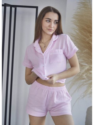 Жіноча літня піжама нічна сорочка з шортами муслін бавовна комплект двійка 6347-111 Рожева пудра