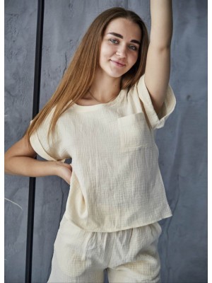 Женский летний муслиновый костюм футболка и шорты 100% хлопок 7263-808 Ваниль