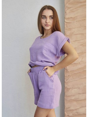 Женский летний муслиновый костюм футболка и шорты 100% хлопок 7264-808 Фиолетовый