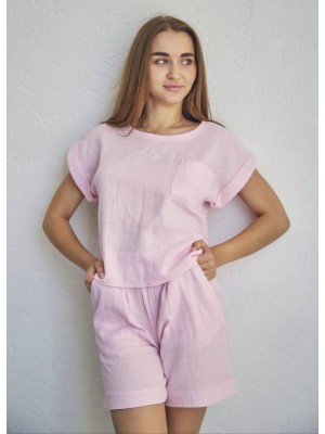Женский летний муслиновый костюм футболка и шорты 100% хлопок 7266-808 Розовая пудра