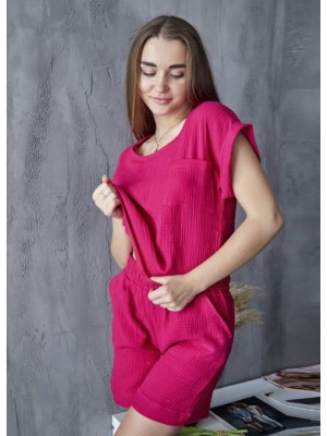 Женский летний муслиновый костюм футболка и шорты 100% хлопок 7267-808 Малиновый