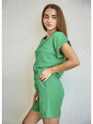 Женский летний муслиновый костюм футболка и шорты 100% хлопок 7268-808 Зеленый