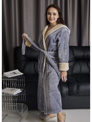 Махровый женский теплый халат домашний длинный с капюшоном на запах 7420-1060  Серый / капучино