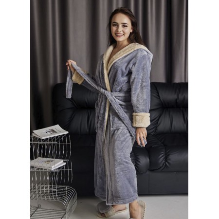Махровый женский теплый халат домашний длинный с капюшоном на запах 7420-1060  Серый / капучино