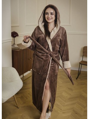 Махровий жіночий теплий халат домашній довгий з капюшоном на запах 7422-1060 Молочний шоколад / капучино