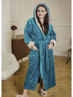 Махровий жіночий теплий халат домашній довгий з капюшоном на запах 7423-1060 Тіфані / капучино