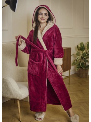 Махровый женский теплый халат домашний длинный с капюшоном на запах 7424-1060 Марсал / капучино
