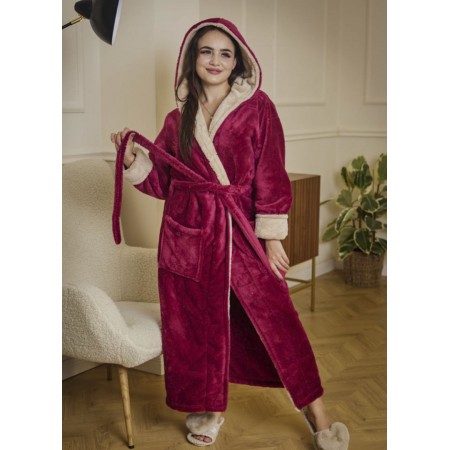 Махровий жіночий теплий халат домашній довгий з капюшоном на запах 7424-1060 Марсал / капучино