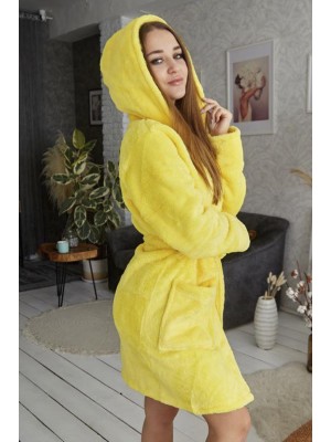 Махровий жіночий халат теплий жовтий середньої довжини з капюшоном на запах 2513