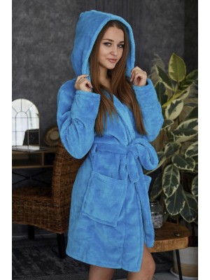 Махровий жіночий халат теплий блакитний середньої довжини з капюшоном на запах 2514