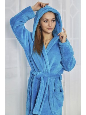 Махровый женский теплый халат домашний длинный с капюшоном на запах 2519-1023 Голубой