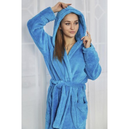 Махровий жіночий теплий халат домашній довгий з капюшоном на запах 2519-1023 Блакитний