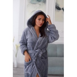 Махровий жіночий теплий халат домашній довгий з капюшоном на запах 2635-1023 Сірий