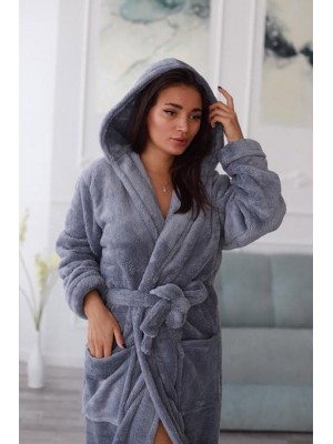Махровий жіночий теплий халат домашній довгий з капюшоном на запах 2635-1023 Сірий