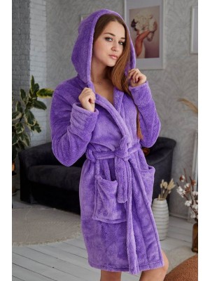 Махровий жіночий домашній халат теплий середньої довжини з капюшоном на запах 2638 фіолетовий