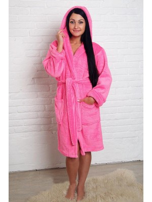 Махровий жіночий домашній халат теплий середньої довжини з капюшоном на запах 2641 рожевий