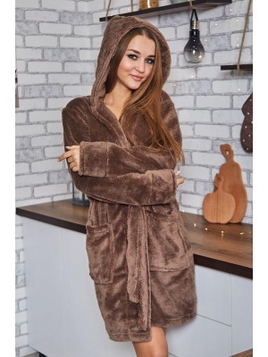 Махровий жіночий домашній халат теплий середньої довжини з капюшоном на запах 2643 коричневий