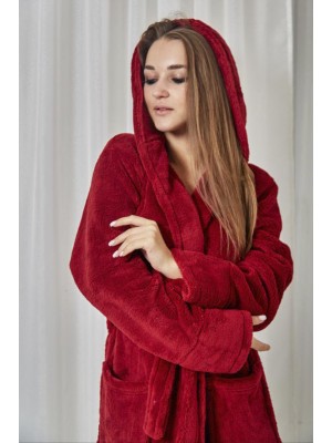 Махровий жіночий халат теплий бордовий середньої довжини з капюшоном на запах 2645
