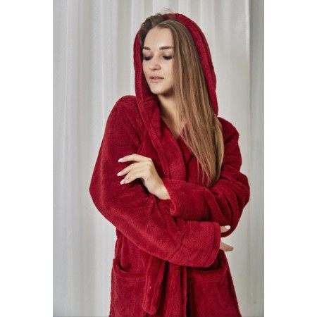 Махровый женский теплый халат домашний средней длины с капюшоном на запах 2645-1026 Бордовый