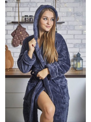 Махровий жіночий халат теплий графіт середньої довжини з капюшоном на запах 2646