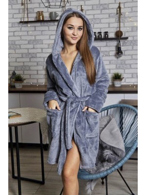Махровий жіночий домашній халат теплий середньої довжини з капюшоном на запах 2648 сірий