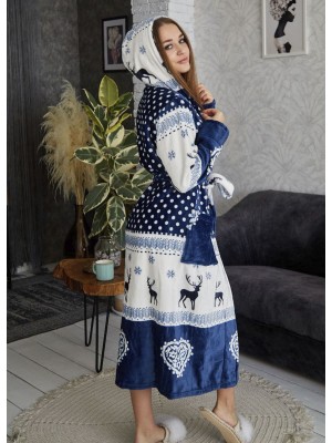 Махровый женский теплый халат домашний длинный с капюшоном на запах 2651-5005 Синий с оленями
