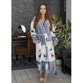 Махровый женский теплый халат домашний длинный с капюшоном на запах 2652-5005 Серый с оленями
