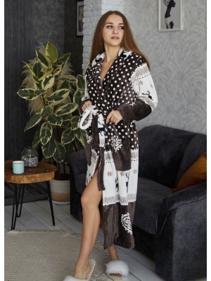 Махровый женский теплый халат домашний длинный с капюшоном на запах 2653-5005 Шоколад с оленями