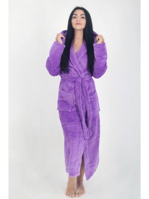 Махровий жіночий теплий халат домашній довгий з капюшоном на запах 2655-1023 Бузковий
