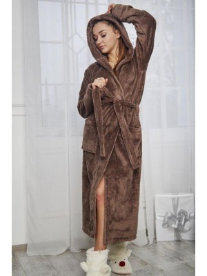 Махровий жіночий домашній халат теплий довгий з капюшоном на запах 2656 коричневий