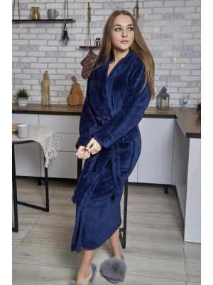 Махровий жіночий домашній халат теплий довгий з капюшоном на запах 2658 королівський синій