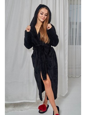 Махровий жіночий халат теплий чорний довгий з капюшоном на запах 2660
