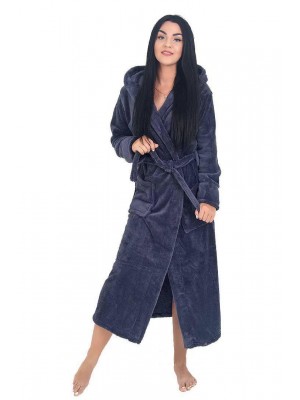 Махровий жіночий халат теплий графіт довгий з капюшоном на запах 2661
