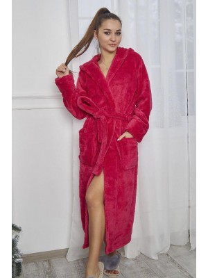 Махровый женский теплый халат домашний длинный с капюшоном на запах 2663-1023 Малиновый