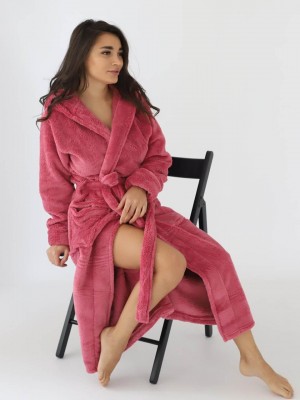 Махровый женский теплый халат домашний длинный с капюшоном на запах 2664-1023 Фриз