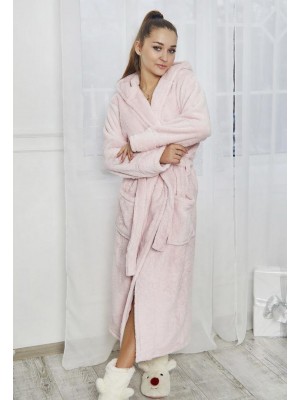 Махровий жіночий теплий халат домашній довгий з капюшоном на запах 2666-1023 Пудра