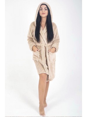 Махровий жіночий халат теплий капучино середньої довжини з капюшоном на запах 2673