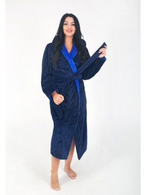 Махровий жіночий теплий халат домашній довгий з капюшоном на запах 2676-4002 Синій / електрик