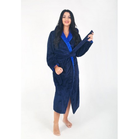 Махровый женский теплый халат домашний длинный с капюшоном на запах 2676-4002 Синий / электрик