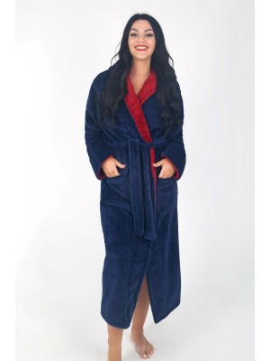 Махровый женский теплый халат домашний длинный с капюшоном на запах 2677-4002 Синий / бордовый