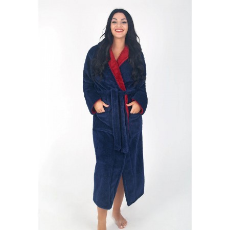 Махровий жіночий теплий халат домашній довгий з капюшоном на запах 2677-4002 Синій / бордовий