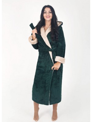 Махровый женский теплый халат домашний длинный с капюшоном на запах 2679-4002 Изумруд / капучино