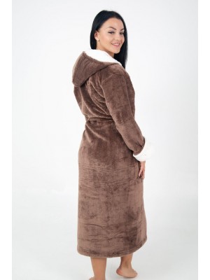 Махровый женский теплый халат домашний длинный с капюшоном на запах 2680-4002 Молочный шоколад / крем