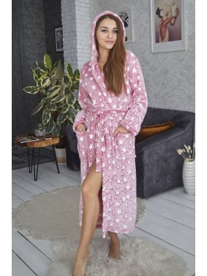 Махровый женский теплый халат домашний длинный с капюшоном на запах 2690-5005 Розовый со звездами 