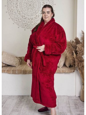 Махровый женский теплый халат домашний длинный без капюшона на запах батал 2700-1022 Бордовый
